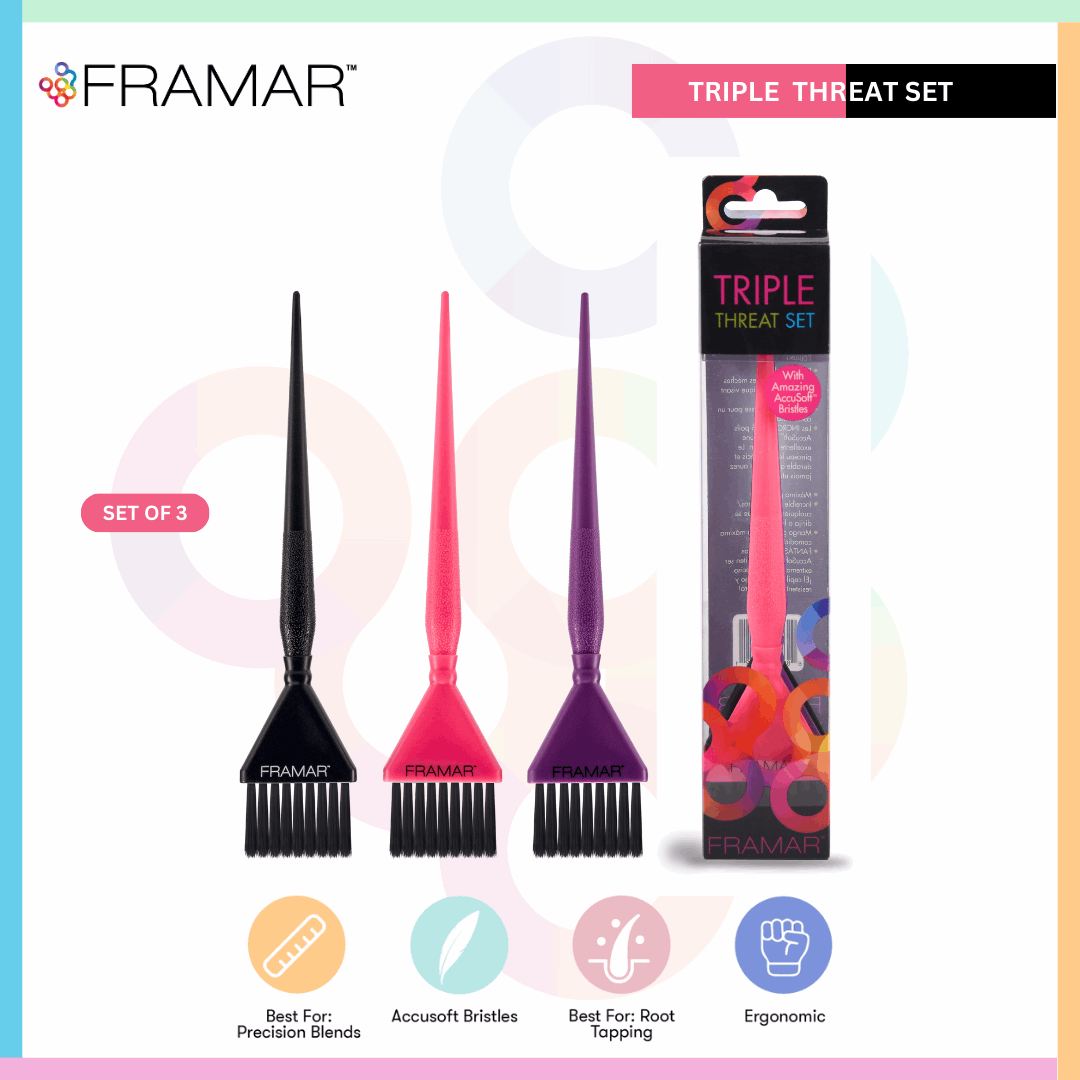 Medium Size Hair Coloring Brush Set of 3 | Framar Triple Threat Brush Set - Black, Pink, and Purple
